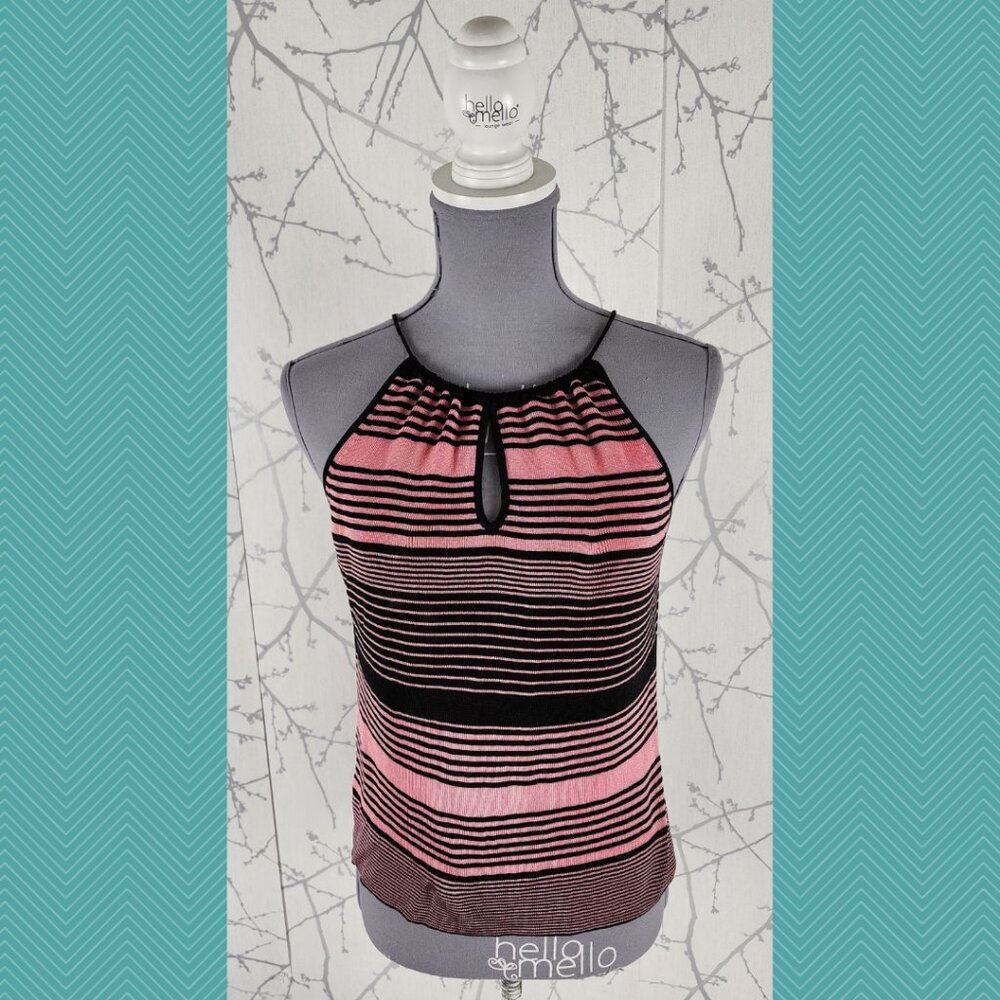 Planet Pink Striped Knit Keyhole Halter Cropped Tank Y2K